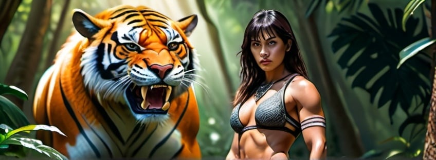 Prompt: Hyper realistic, photorealistic, color photograph, athletically built barbarian woman with a tiger, full body shot, intense gaze, detailed fur and muscles, lush jungle backdrop, sunlight filtering through dense foliage, high quality, detailed, intense colors, dramatic lighting, golden hour