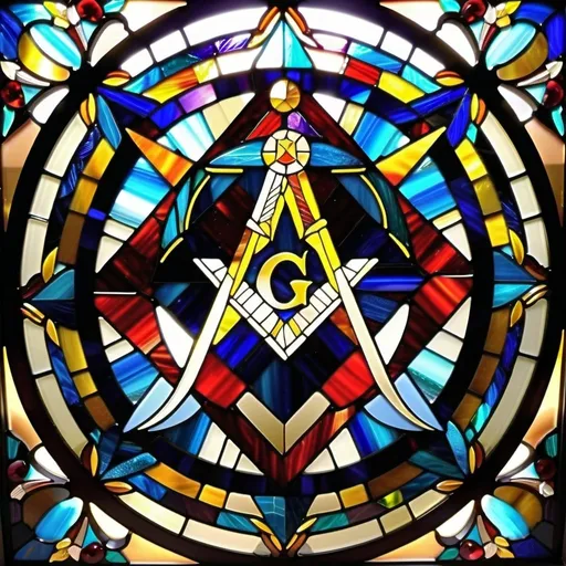 Prompt: Stunning stained glass mosaic of Masonic Square and Compasses, vibrant and colorful, intricate details, high quality, mosaic art, vibrant colors, radiant lighting, detailed design, symbol G in the center, traditional craftsmanship, timeless art, beautiful craftsmanship, intricate patterns, professional finish