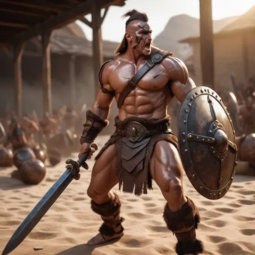 Prompt: hyper-realistic, Photorealistic, 4k, 3D barbarian warriors, 34C-25-33, arena battle, intense battle scene, Close fitting leather armor, short leather loincloths, heavily muscled, full body shot, realistic, intense action, muscular physique, detailed features, detailed armor and weapons, high quality, realistic, historical art, warm, earthy tones, dramatic lighting, dramatic shadows, epic battle, high quality, intense, earthy tones, Golden Hour Dawn lighting, natural lighting, realism
