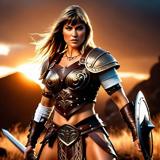 Prompt:  hyper-realistic, Photorealistic, 4k, 3D, fierce female Barbarian warriors, Leather Xena style leather armor, short leather loincloths, heavily muscled, full body shot, realistic, intense action, muscular physique, detailed features, detailed armor and weapons, high quality, realistic, historical art, warm, earthy tones, dramatic lighting, dramatic shadows, epic battle, high quality, intense, earthy tones, Golden Hour Dawn lighting, natural lighting, realism



