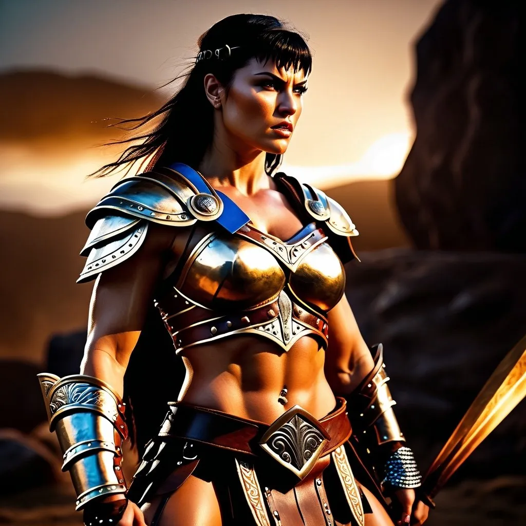 Prompt:  hyper-realistic, Photorealistic, 4k, 3D, fierce female Barbarian warriors, Leather Xena style leather armor, short leather loincloths, heavily muscled, full body shot, realistic, intense action, muscular physique, detailed features, detailed armor and weapons, high quality, realistic, historical art, warm, earthy tones, dramatic lighting, dramatic shadows, epic battle, high quality, intense, earthy tones, Golden Hour Dawn lighting, natural lighting, realism



