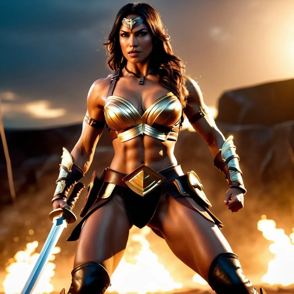 Prompt: hyper-realistic, 4k, fierce female Amazon warriors, arena battle, stripped to the waist, short leather loincloths, heavily muscled, full-body shot, golden hour lighting, realistic, intense action, muscular physique, detailed features, dramatic shadows, epic battle, high quality, intense, natural lighting