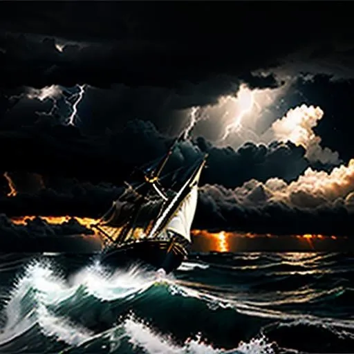 Prompt: Photorealist, hyper realistic, stormy night at sea, schooner battling through the waves, lightning flashes, dramatic sky with dark clouds, ominous clouds, high seas, realistic oil painting, intense waves, powerful wind, detailed vessel, dramatic lighting, high quality, realistic, stormy, dramatic, composition, dark tones, atmospheric lighting
