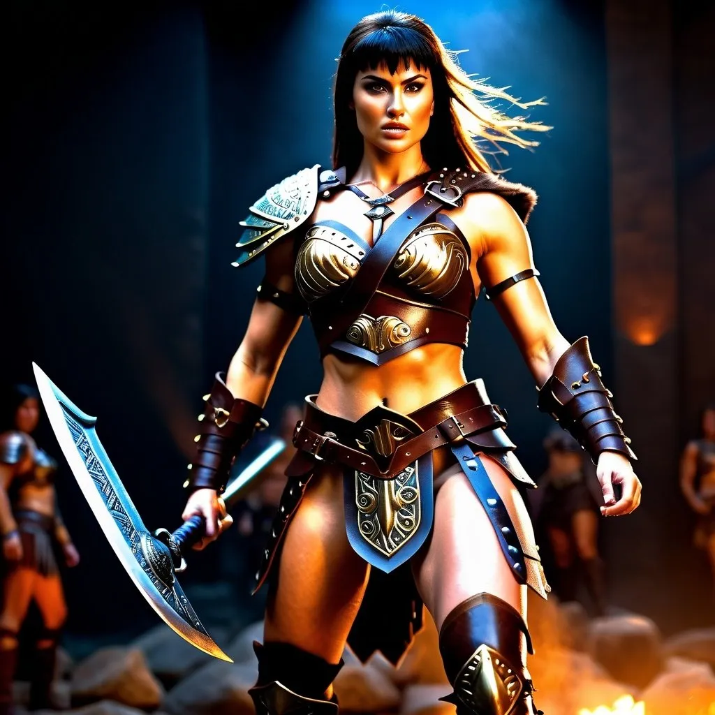 Prompt:  hyper-realistic, Photorealistic, 4k, 3D, fierce female Barbarian warriors, Leather Xena style leather armor, short leather loincloths, heavily muscled, full body shot, realistic, intense action, muscular physique, detailed features, detailed armor and weapons, high quality, realistic, historical art, warm, earthy tones, dramatic lighting, dramatic shadows, epic battle, high quality, intense, earthy tones, Golden Hour Dawn lighting, natural lighting, realism



