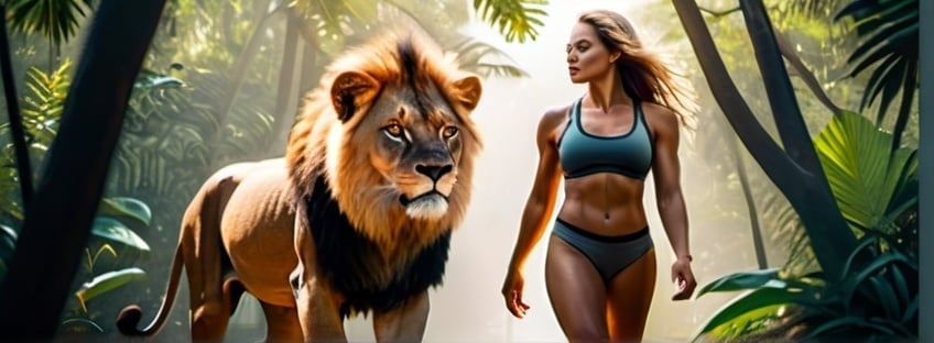 Prompt: Hyper realistic, photorealistic, color photograph, athletically built woman, 33C-25-34, full body shot, walking next to a lion, intense gaze, detailed fur and muscles, lush jungle backdrop, sunlight filtering through dense foliage, high quality, detailed, intense colors, natural lighting, golden hour