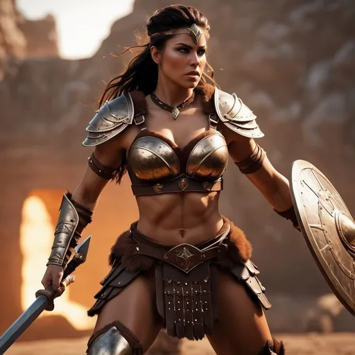 Prompt: hyper-realistic, Photorealistic, 4k, 3D, fierce female barbarian warriors, 34C-25-33, arena battle, intense battle scene, Close fitting leather armor, short leather loincloths, heavily muscled, full body shot, realistic, intense action, muscular physique, detailed features, detailed armor and weapons, high quality, realistic, historical art, warm, earthy tones, dramatic lighting, dramatic shadows, epic battle, high quality, intense, earthy tones, Golden Hour Dawn lighting, natural lighting, realism

