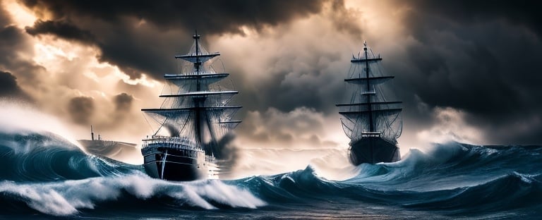 Prompt: Photorealistic, hyper realistic, sailing ship in bad storm, turbulent waves, dramatic clouds, detailed ship structure, intense lighting, high quality, realistic details, stormy seas, realistic sky, dynamic composition