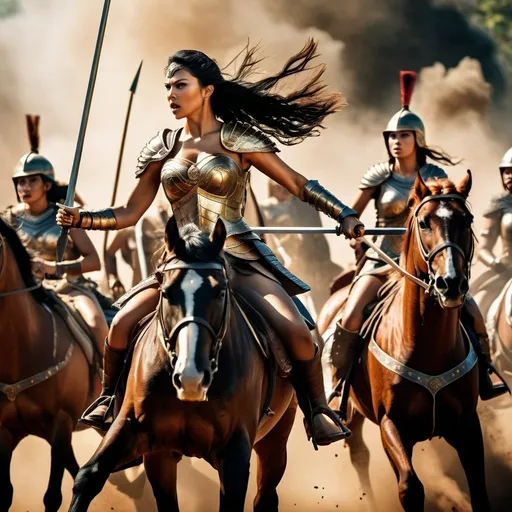 Prompt: Group of female Amazon warriors charging, bare-breasted, their queen in front, charging on horseback, intense battle scene, ancient warfare, detailed armor and weapons, dynamic action, high quality, realistic, historical art, earthy tones, dramatic lighting