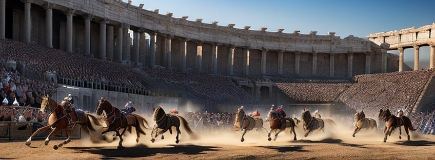 Prompt: Hyper-realistic photorealistic photograph of a Roman chariot race, midrange view, dusty arena filled with spectators, intense action and drama, detailed Roman architecture, high definition, realistic, historical, action-packed, dramatic lighting, realistic crowd, ancient, intense movement, detailed horses, realistic chariots, grand spectacle.