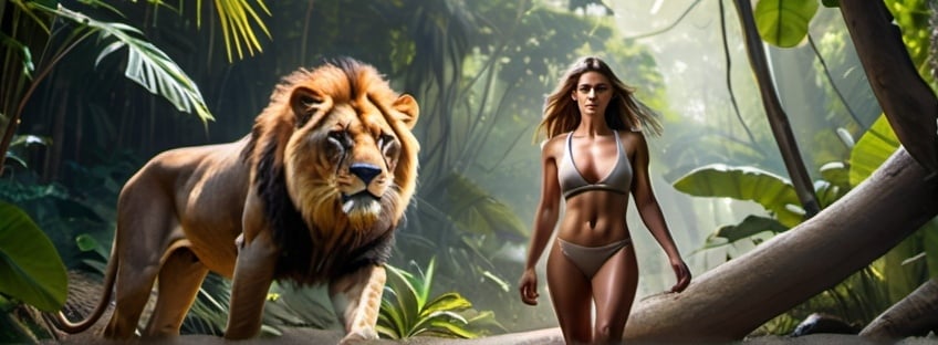 Prompt: Athletically built wild woman in a jungle setting, full body shot next to a lion, 33C-25-34, walking, intense gaze, hyper realistic, photorealistic, color photograph, high quality, highly detailed, intense colors, natural lighting, golden hour, jungle queen, detailed eyes, realistic wildlife, vibrant, powerful presence, strong and confident, detailed surroundings