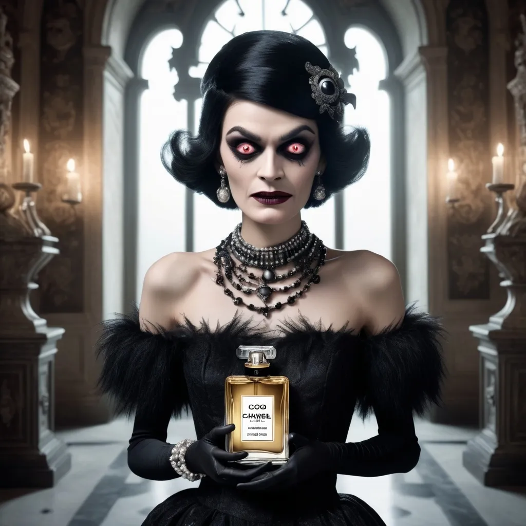 Prompt: A horrible looking Coco Chanel resembling a monster, standing in an adorned castle, with bug eyes and her mouth open and surrounded by her perfume and holding one of her perfume bottles. she has a wry smile on her face. hyper-realistic image with a gloomy, vampiric aura