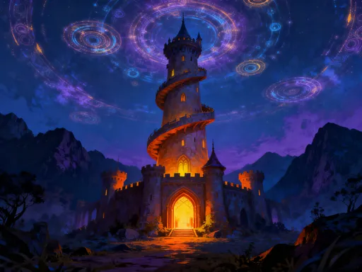Prompt: a castle featuring a spiraled tower with a glowing entrance, emanating warm light. The composition emphasizes the height of the structure, contrasting with the dark mountains and the ethereal glow of the magical circles surrounding it. The color palette includes deep blues and purples, accented by warm oranges and yellows from the light sources, creating a mystical and enchanting atmosphere.