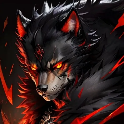 Prompt:  Demon, Dire wolf, amber eyes, male, shimmering black-red fur