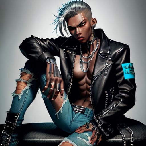 Prompt: Thrasher shark, male, black eyes, tall, Demon. Biker jacket, ripped blue jeans. silver chain, demon