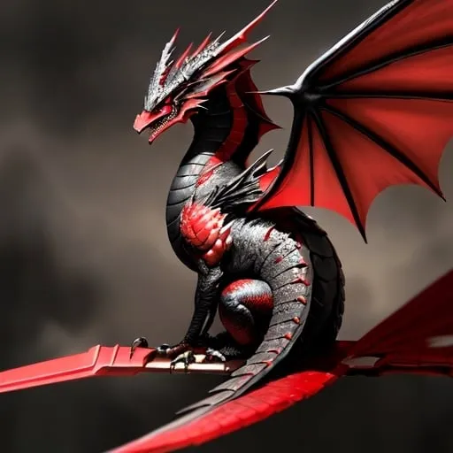 Prompt: Red Dragon, black wings, 