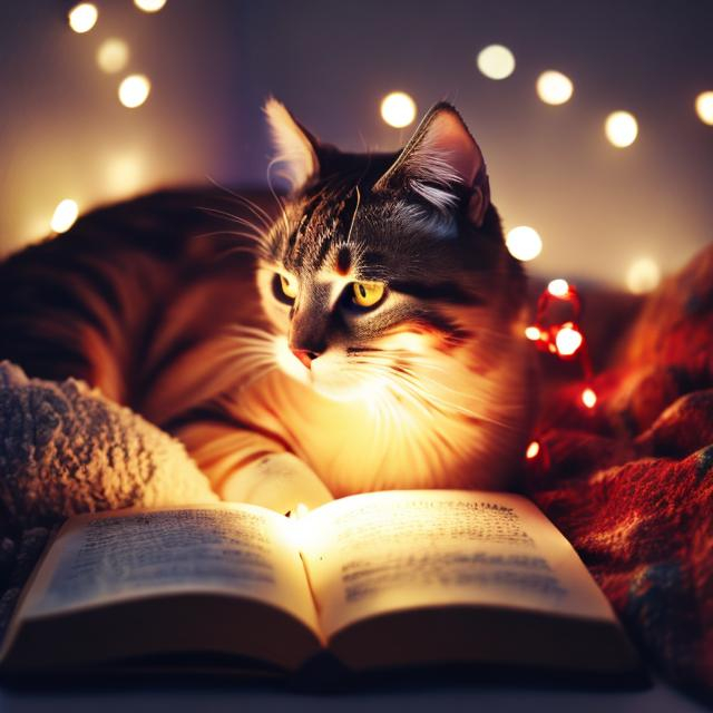 Prompt: cat, book, christmas lights, evening, blanket