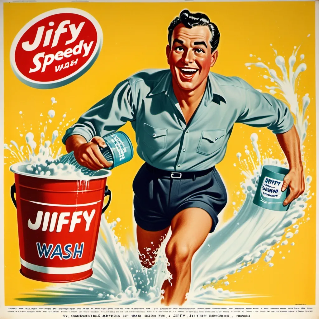 Prompt: 1950s advertising style art , man running with a splashing soapy bucket and a sponge.  words saying "Jiffy Speedy Wash"