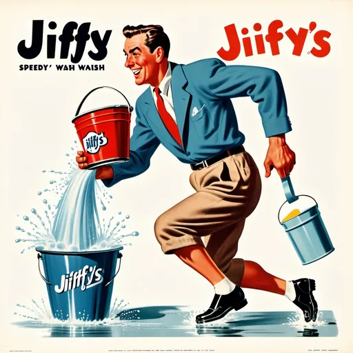 Prompt: 1950s advertising style art , side view of man running with a splashing soapy bucket and a sponge.  words saying "Jiffy's Speedy Wash"