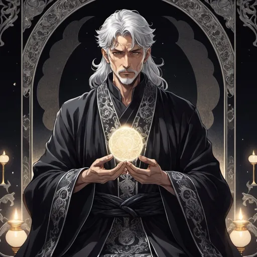 Prompt: tarot card Anime illustration, a silver-haired man, detailed ornate balck cloth robe, dramatic lighting