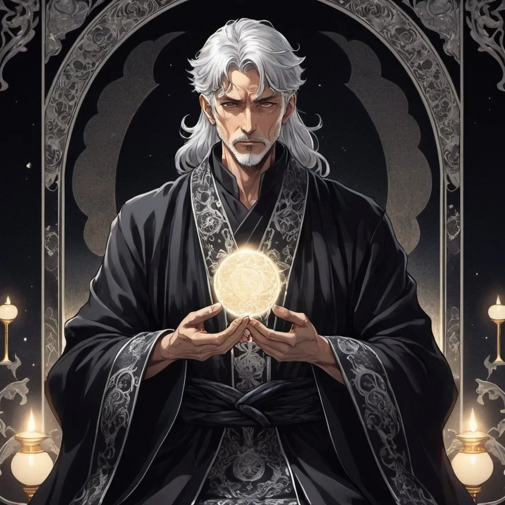 Prompt: tarot card Anime illustration, a silver-haired man, detailed ornate balck cloth robe, dramatic lighting