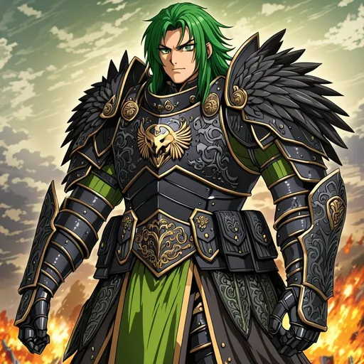 Prompt: anime, detailed, black and green hair, desperade, full armore medivel, very detailed black hawk 