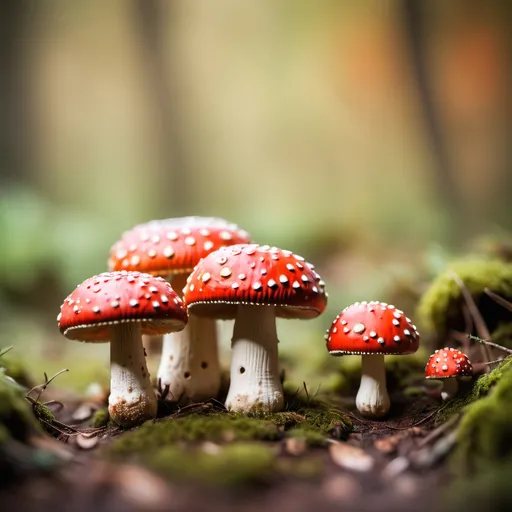 Prompt: Macro of amanita muscaria mushrooms in a tilt shift manner captured with a lensbaby composer lens