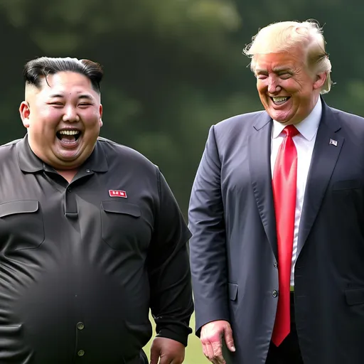 Prompt: Trump on a golf course with Kim Jong Un laughing and smiling