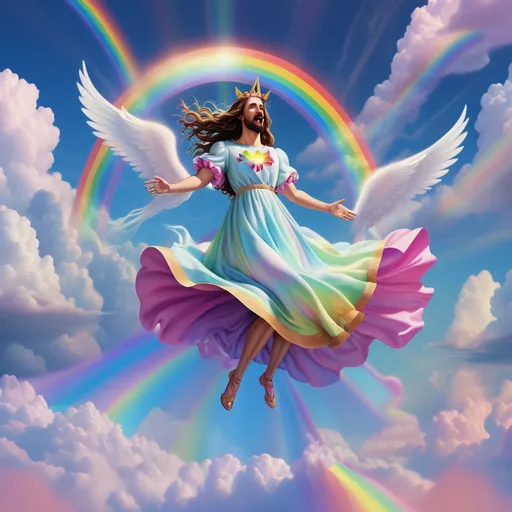 Prompt: Jesus in a dress in the lgbtq style swooping down from the clouds on a rainbow colored unicorn exclaiming "I am real".
