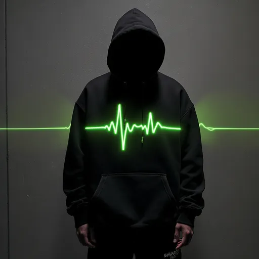 Prompt: 1. Shadow Pulse Hoodie
> Black hoodie with a neon green heartbeat line across the chest.  
> Designed for digital rebels who move with rhythm and purpose.  
> Oversized fit, soft interior, and bold energy.
