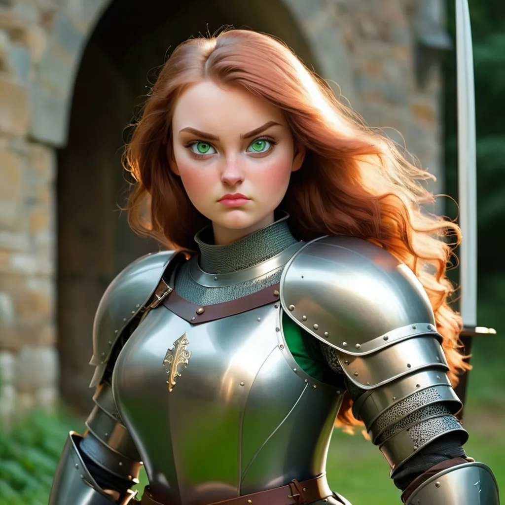 Prompt: Curvy woman knight with green eyes, tall, with shield and sword, medieval wear