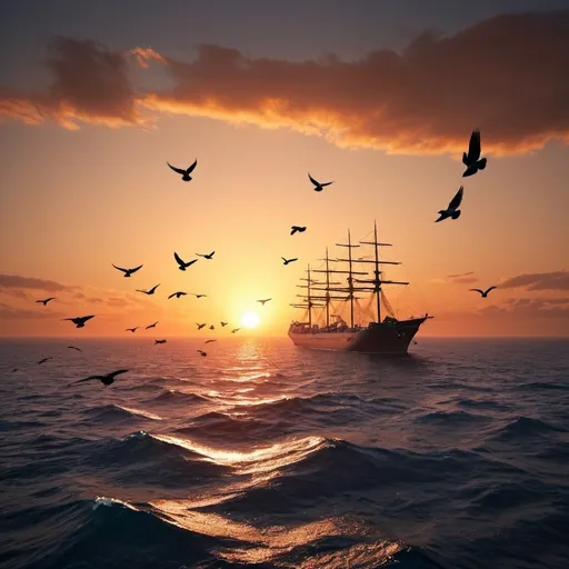 Prompt: sunset, ship in the middle of the ocean, flying pigeons