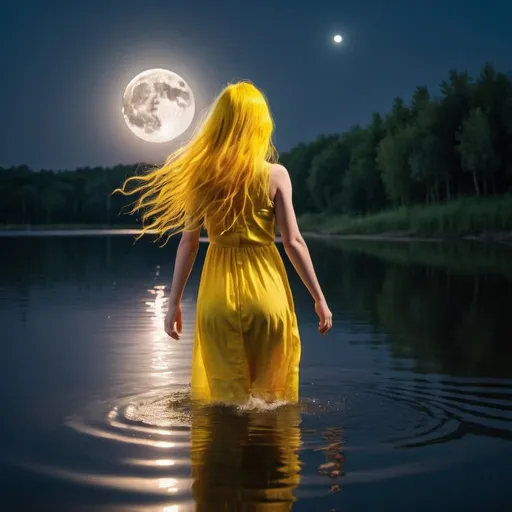 Prompt: A girl wearing a healthy dress, long and yellow hair comes out of the lake on which the light of the full moon is reflected.