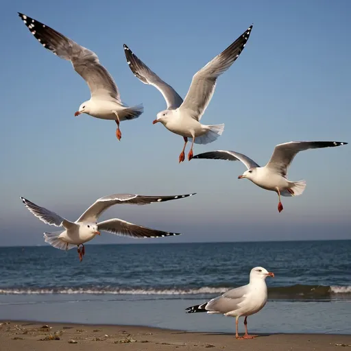 Prompt: Seagulls fly to the shore