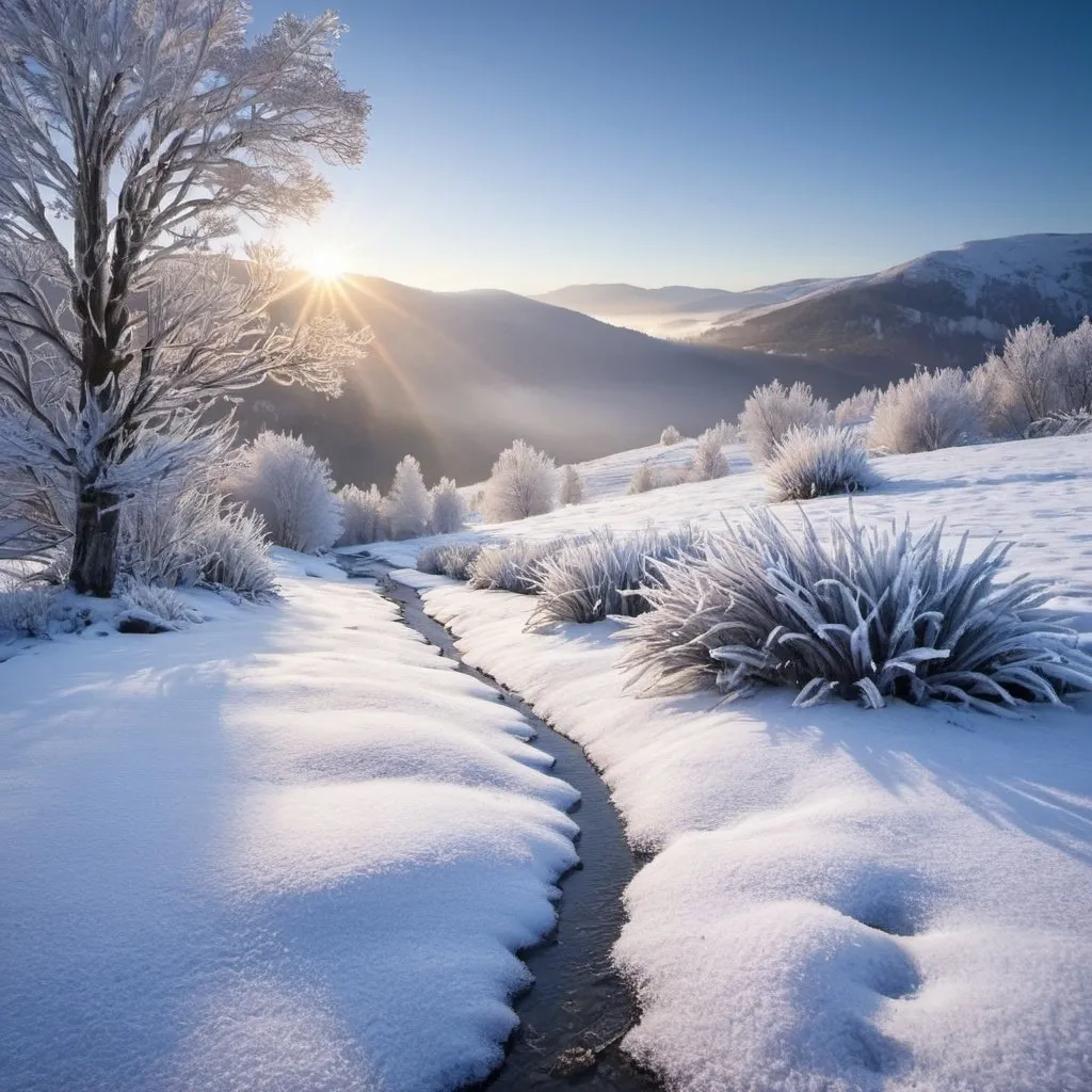 Prompt: frosty winter morning in the snowy mountains