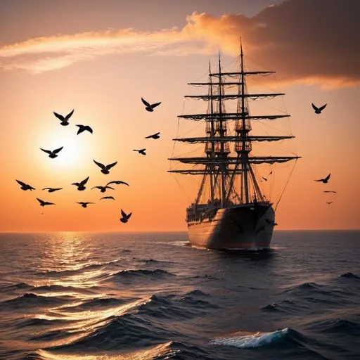 Prompt: sunset, ship in the middle of the ocean, flying pigeons