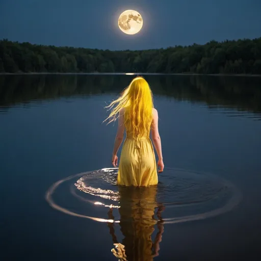 Prompt: A girl wearing a healthy dress, long and yellow hair comes out of the lake on which the light of the full moon is reflected.