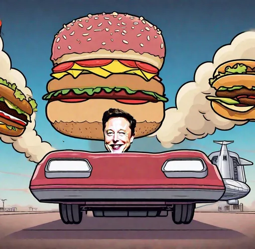 Prompt: Elon Musk holding a sign saying "Among Us", while floating in space without wearing a spacesuit, in front of a launching starship rocket and a giant hamburger