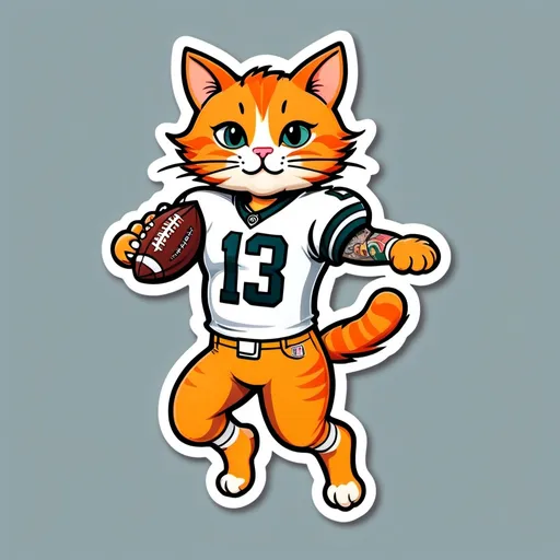 Prompt: (tattooed, football-playing ginger cat), dynamically leaping to catch a (football), showcasing (detailed fur textures) and (a full sleeve of tattoos), wearing a (jersey with number 13), cool tone color palette, soft lighting, lively and playful atmosphere, high resolution, ultra-detailed; emphasizes action and movement in a playful setting, sporting a confident expression.