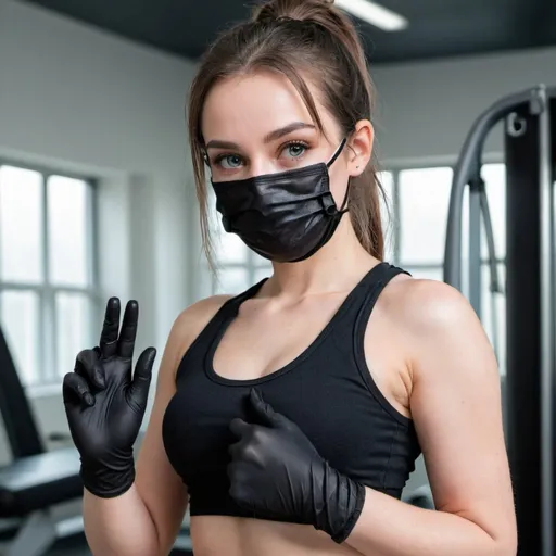 Prompt: a girl wearing black surgical gloves and mask and black gym clothes