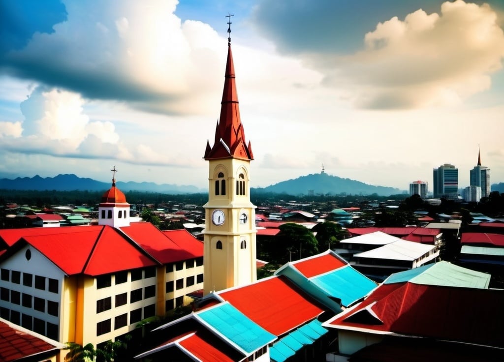 Prompt: a church with a steeple and a clock tower in the background of a cityscape with buildings, Basuki Abdullah, sumatraism, back view, a tilt shift photo