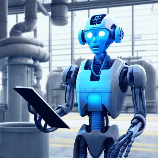 Prompt: generate futuristic image of an AI based machine overseeing Industrial equipment. Place a series of large industrial pumps in a row and have the machine (a humanoid) stand next to it while holding a clipboard. Please make the humannoid body look more like a human.