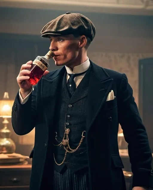 Prompt: Peaky blinders Tom shelby holding campari bottle