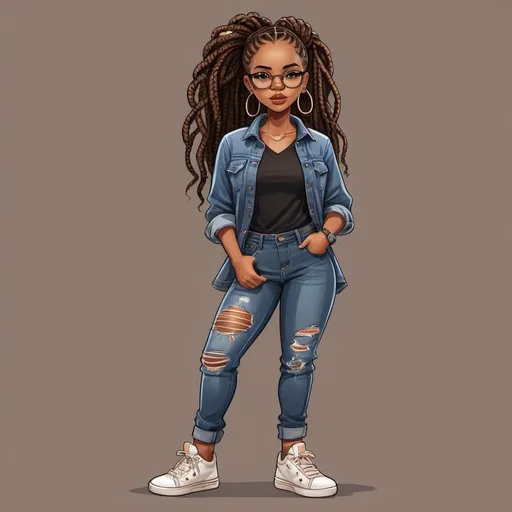 Prompt: Full-body black African American women with braids cartoon illustration of a stylish, brown-skinned character, denim jeans, black shirt, chunky sneakers, brown eyes, wearing glasses 