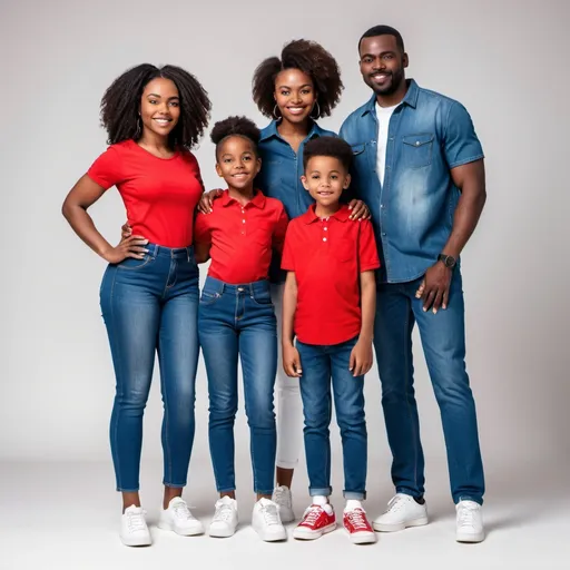 Prompt: Animate black African American family 
Wearing denim jeans and red shirt and white sneakers. Different photos posing for everyone.