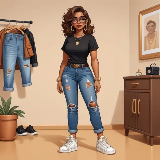 Prompt: Full-body cartoon illustration of a stylish, brown-skinned character, denim jeans, black shirt, chunky sneakers, brown eyes, wearing glasses and gold earrings, watch on and bracelets.