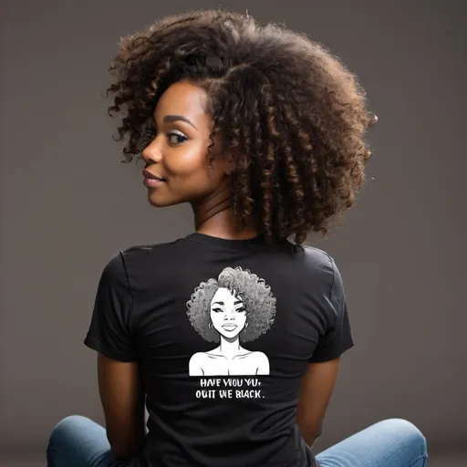 Prompt: Illustration character, black African American woman with her hair curly and out.Sitting with her back turned she has a positive affirmation on the back of her black shirt.