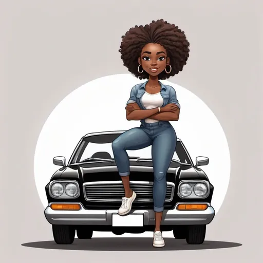 Prompt: Illustration Cartoon character A black African American woman standing on the car or sitting on the car she in a confident pose.