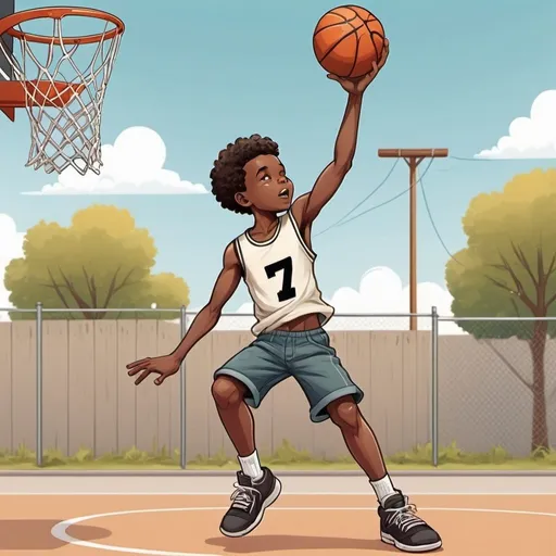 Prompt: Illustration A black African American have on his shorts and shirt number 7 kid playing basketball making the shot in the hoop.