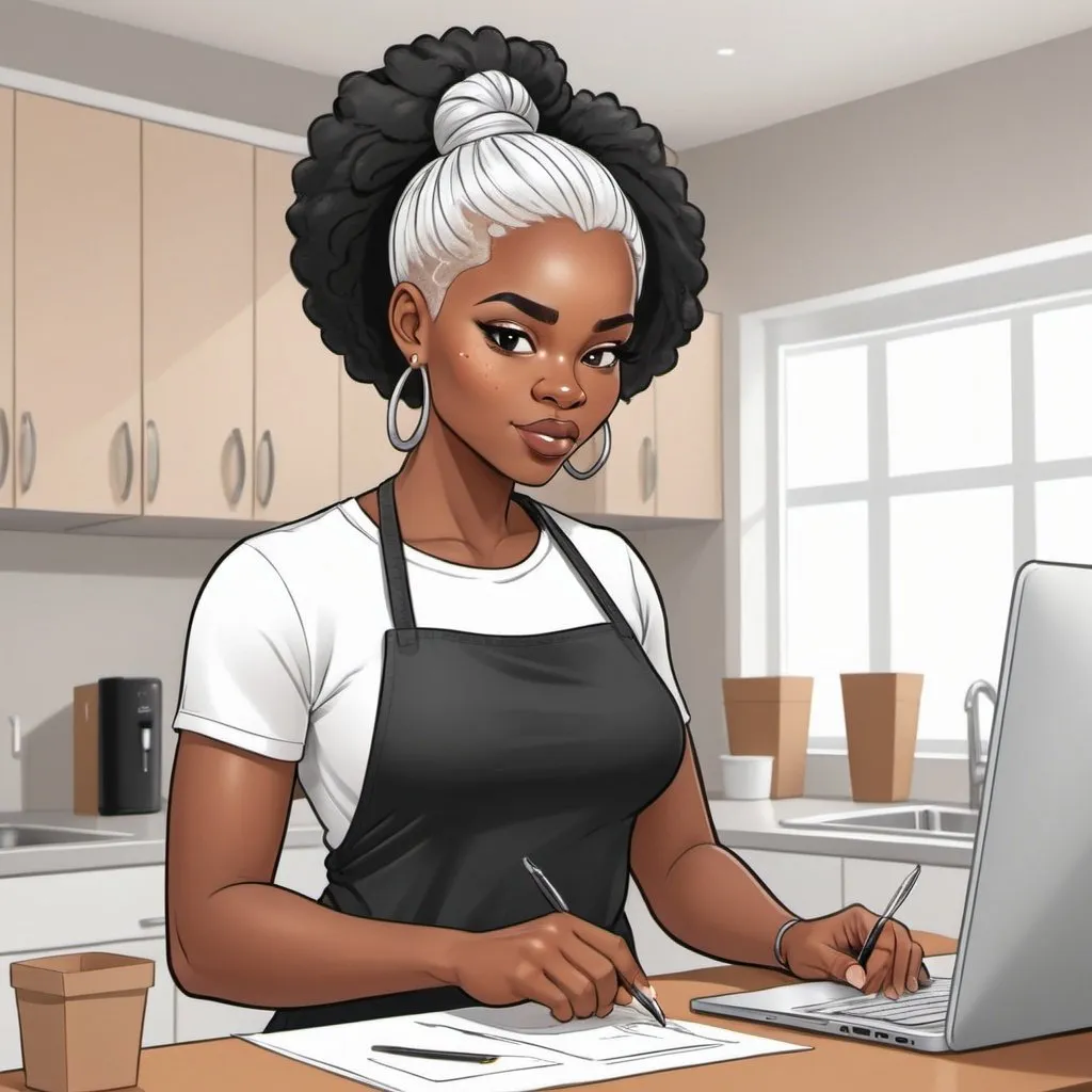 Prompt: Illustration A cartoon character black African American woman white straight hair cut into a bod she at home preparing orders for her business.