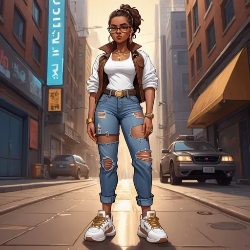 Prompt: Full-body cartoon illustration of a stylish, brown-skinned character, denim jeans, white shirt, chunky sneakers, brown eyes, wearing glasses and gold earrings, game-cyberpunk style, detailed urban setting, high-quality, detailed cartoon, brown eyes, denim jeans, character design, stylish, chunky sneakers, cyberpunk, game style, urban setting, gold earrings, glasses, highres